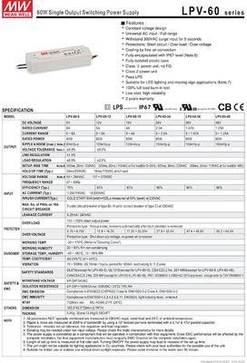 Meanwell 60w 12v LED Işık Güç Kaynakları Düşük Voltaj LPV-60-12