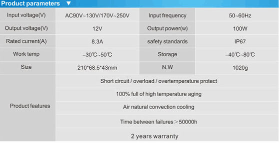 Yüksek kaliteli su geçirmez IP67 12v 100w güç kaynağı led neon transformatörü satılıyor